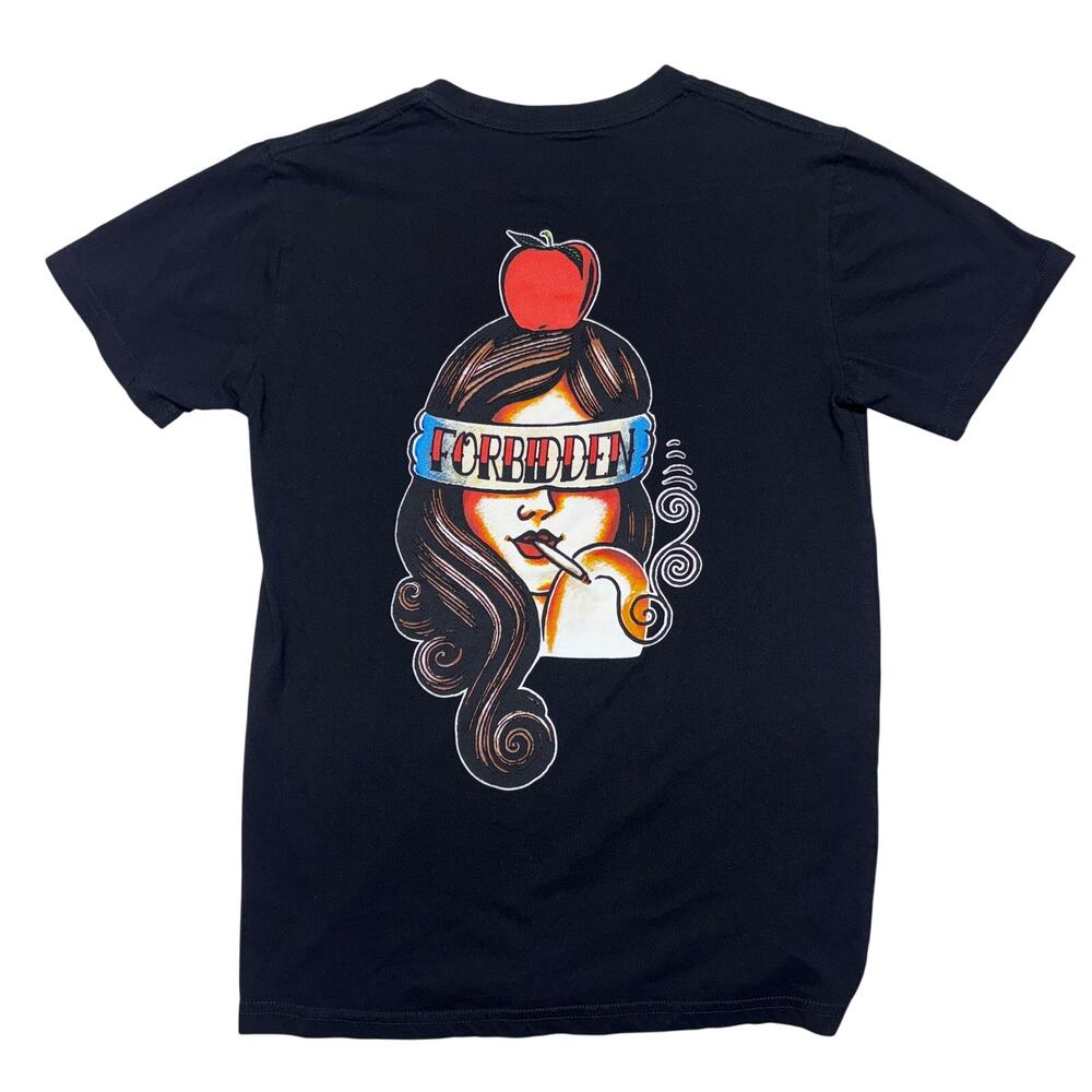 Vintage Forbidden T-Shirt Small Black Short Sleeve Tattoo Art Style Blindfolded